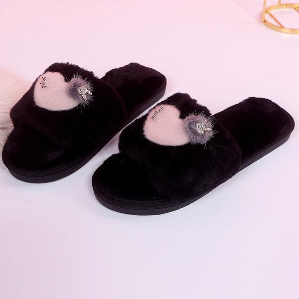 

nice autumn women sweet love heart slippers novelty fur inside shoes woman non-slip flat heels female casual flip flops, Black