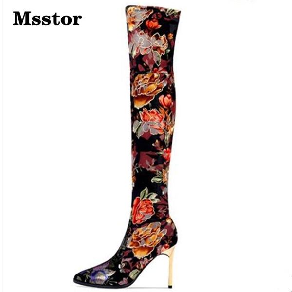 

boots msstor over knee womens pointed toe mixed colors party women autumn shoes slip-on high heel flower thin heels, Black