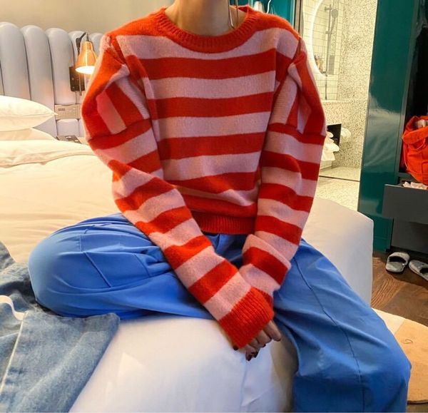 

korea 2020 autumn winter new women's loose stripe versatile round neck long sleeve sweater, White