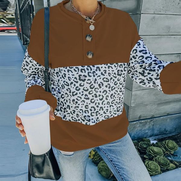 

women's hoodies & sweatshirts women loose style pullover leopard printed pattern round collar long sleeve, Black