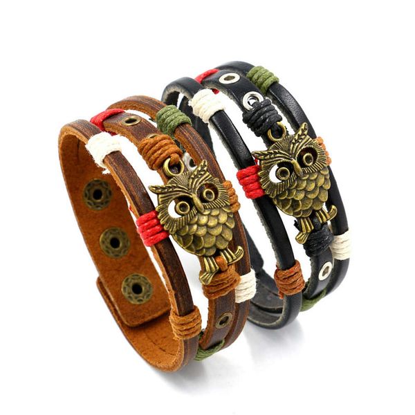 

owl woven bracelet women's korean multi-layer button leather hand jewelry, Black
