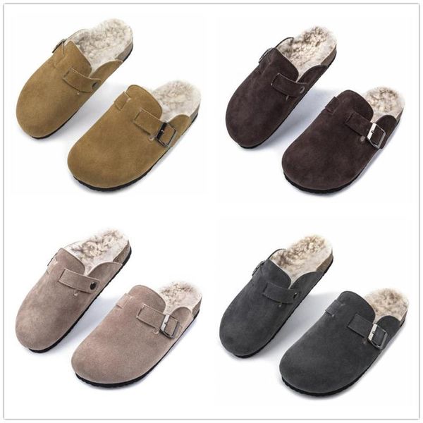 

winter women leather slippers with plush warm indoor soft cork bottom buckle slides footwear for men 35-44, Black