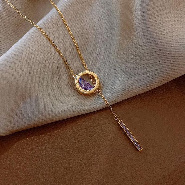 

copper inlaid purple zircon roman numeral necklace korea fashion jewelry elegant women's adjustable clavicle pendant necklaces, Silver