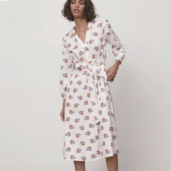 

za summer printed midi dress v-neck lantern sleeve drawstring dresses lace comfortable casual long skirt party vestido 210422, Black;gray