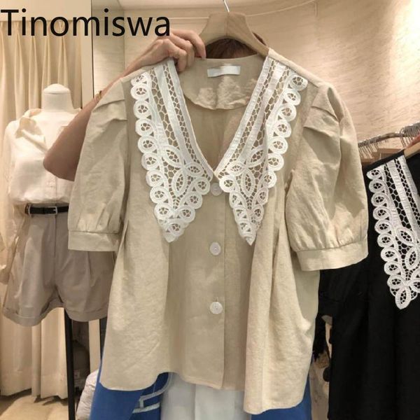 

women's blouses & shirts tinomiswa cut out turn down collar short sleeve shirt women patchwork single breasted korean chic blouse summe, White