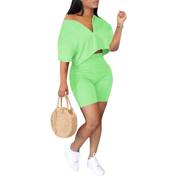 

women's tracksuits women casual 2 piece solid color outfit short sets v neck sleeve crop t-shirts + tight pants summer clothes 2021, Gray