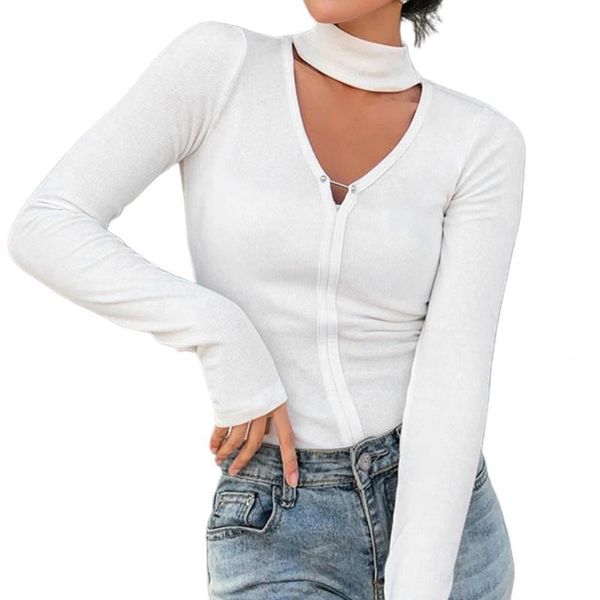 

Â women long sleeve t-shirts hollow out design bow decor v-neck backless solid color ladies fashion clothing women's t-shirt, White