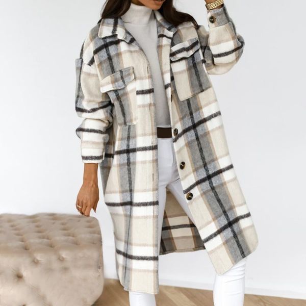 

women's wool & blends nice spring checked women jacket turn down overcoat warm plaid long coat oversize thick woolen female streetwear, Black