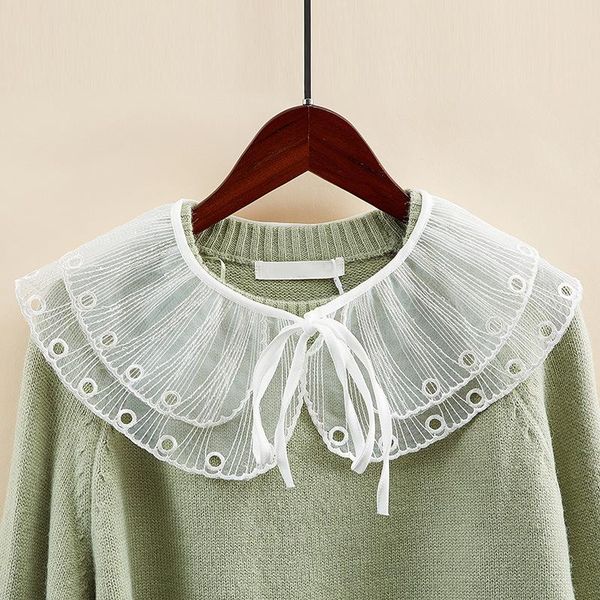 

bow ties korean white fake collar for women flower embroidery hollow lace detachable collars lapel half shirt false female shawl, Black;gray