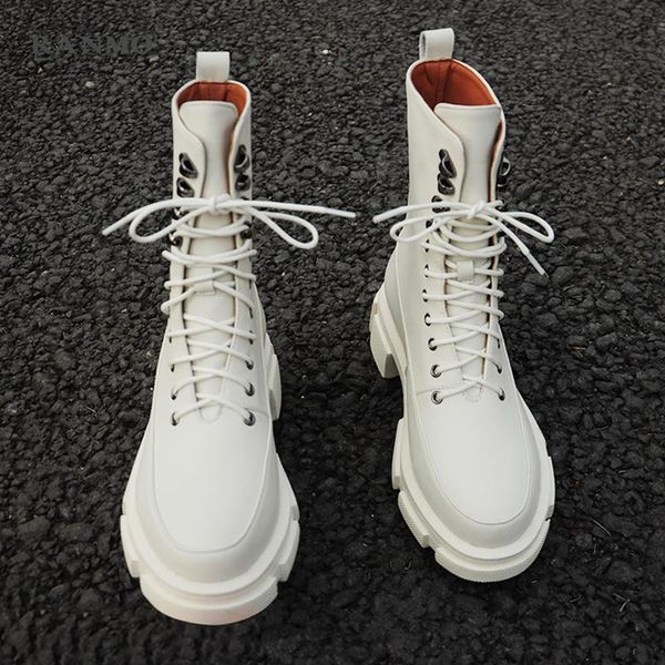 

boots 2021 spring lace-up ankle for women thick bottom round toe genuine leather black white all-match platform shoes