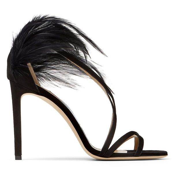 

dress shoes summer feather stiletto high heels all-match black suede one word sandals banquet large size women's