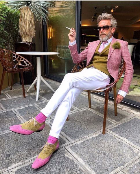 

new arrival pink plaid costume homme men suits with white pant slim fit tuxedo, Black