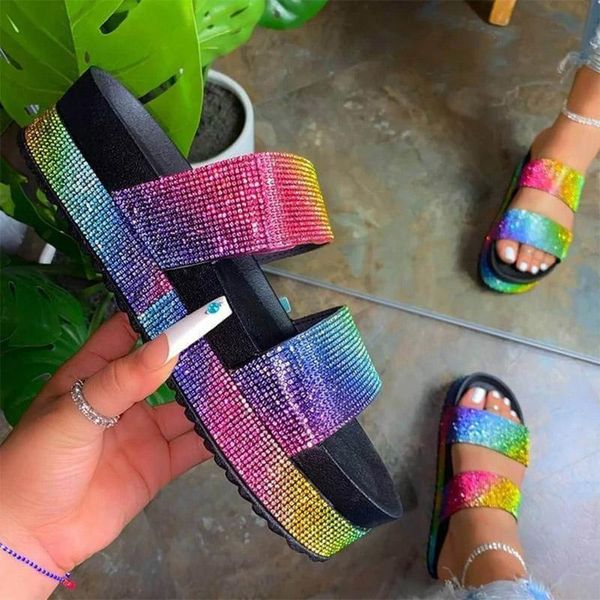 

rhinestone platform flat slippers women sandals 2021 summer plus size thick bottom colorful beach open toe fur slides for, Black