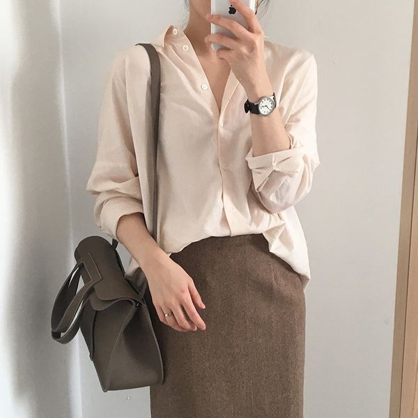 

apricot gentle chic office lady brief split shirts loose casual all match full sleeves stylish blouses 210421, White