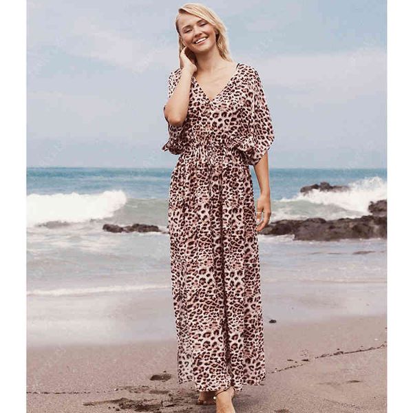 

leopard printed v-neck high waist side split loose long summer dress beach tunic women plus size beachwear maxi dress n1128 210416, White;black