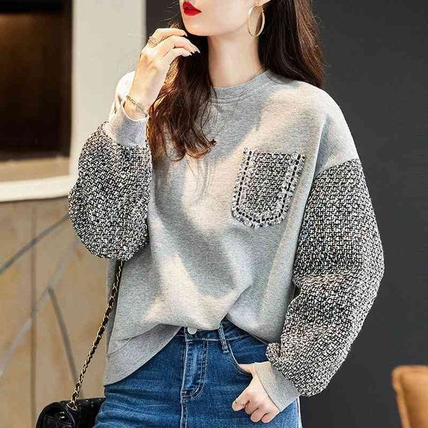 

grey round neck pullover sweater women's spring and autumn thin 2021 new fashion loose splicing coat small fragrance top, Black