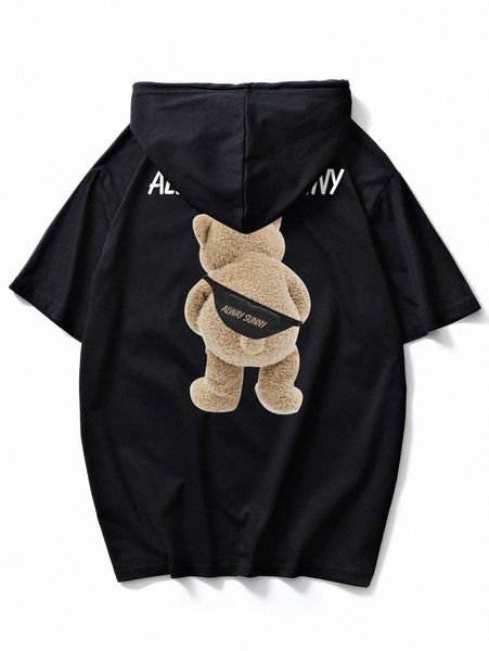 

men bear and letter graphic drawstring hooded tee o6nj#, White;black
