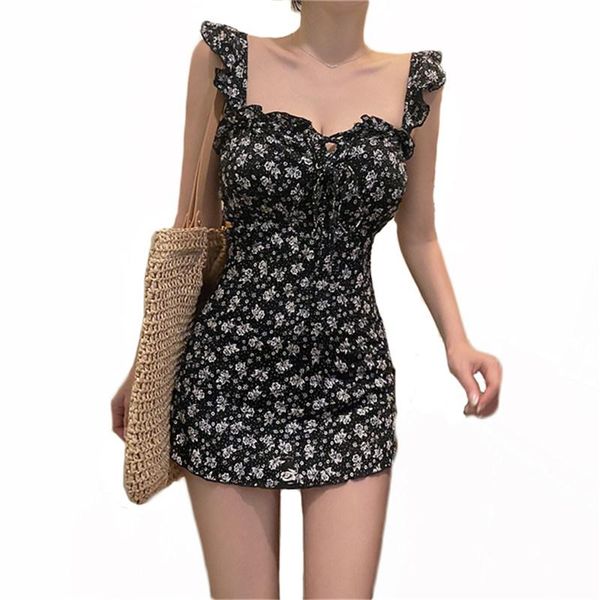 

print swimsuit women 2021 sweet sling slim push up swimwear ruffle sleeve bandge one-piece dress halter female lr1179 suits
