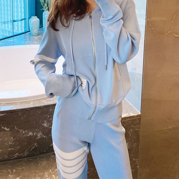 

chao tb four bar ice silk casual sweater hooded jacket knitted sports suit new style in spring and summer 21, White