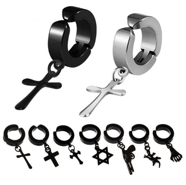 

men clip earrings hip hop fashion rock style hypoallergenic cross shaped titanium steel ear clip earrings accessories 10 styles, Silver