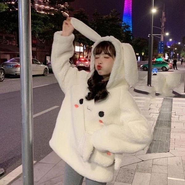 

women's hoodies & sweatshirts fluffy women kawaii sweatshirt coat autumn winter warm pullover with ears cute outwear, Black