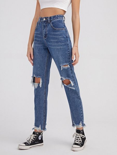 

raw hem ripped straight leg jeans k6sl#, Blue