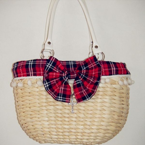 

rattan capacity designer wicker fresh pastoral plaid large bow cotton ball straw woven bag, Black;red