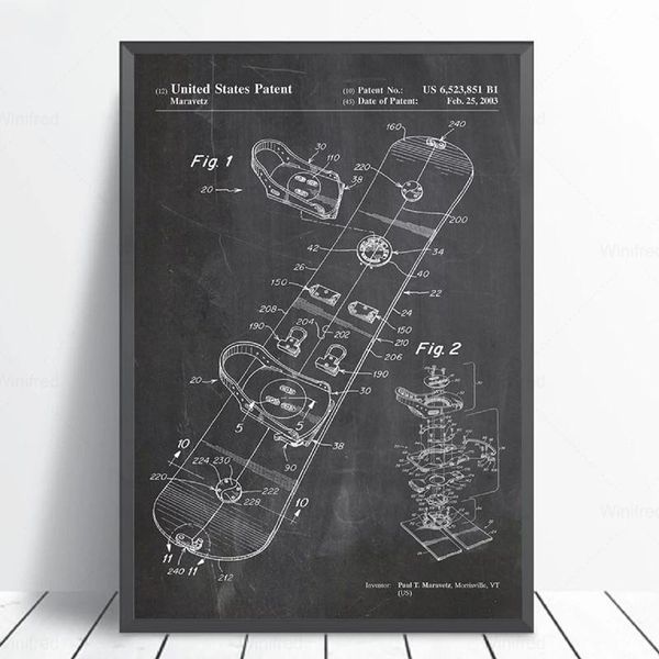 

paintings snowboard patent blueprint vintage poster wall art canvas print snow skiing painting pictures sports decoration