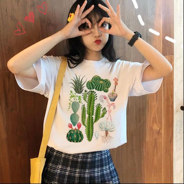 

ulzzang retro plant cactus fleshy women t shirt cute letter print fashion summer harajuku loose casual o neck womens clothing, White