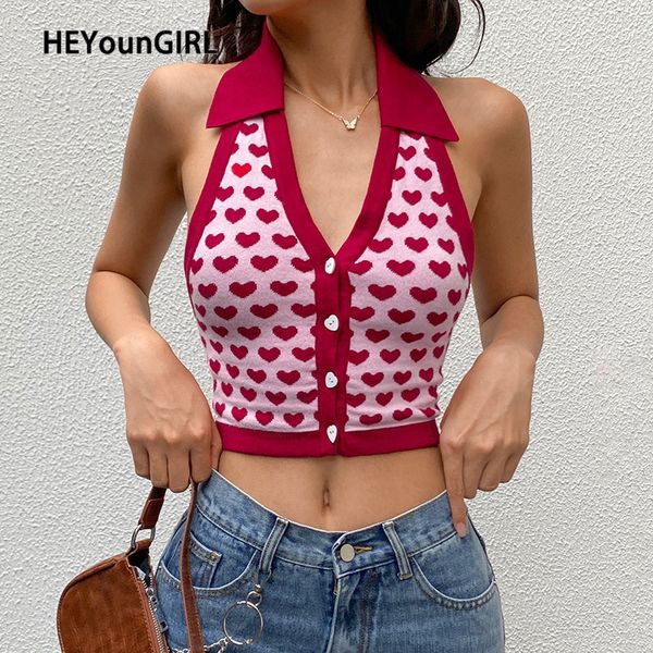 

heyoungirl heart print sleeveless halter knit crop ladies backless tanks camis women vest summer knitwear streetwear, Black;white
