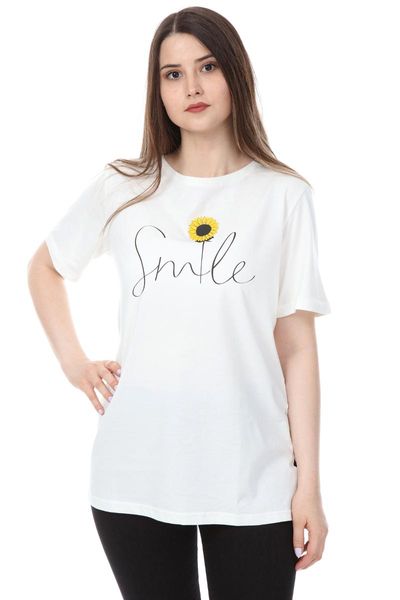 

women's t-shirt plus size o-neck print half sleeve knitted ecru, White