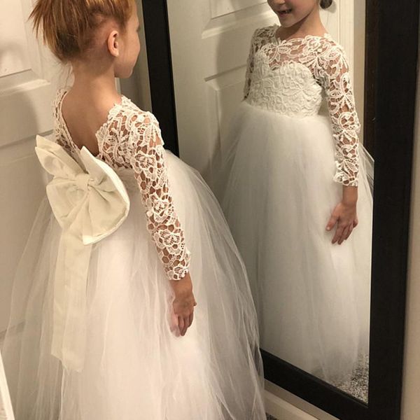 

girl's dresses white lace tulle flower girl long sleeve o-neck sheer for wedding gowns kids v backless birthday party clothes, Red;yellow