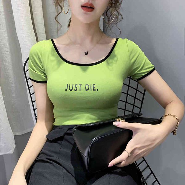 

women's t-shirt european clothes fashion short letter t-shirt women summer ropa mujer elastic back bottoming shirt tees, White