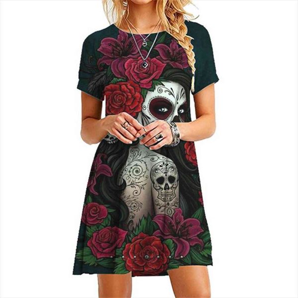 

summer casual floral skull print women dresses mini o neck short sleeve halloween fashion streetwear, Black;gray