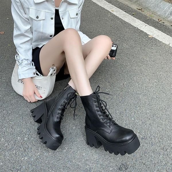 

boots women platform chunky high heels shoes 2021 autumn winter pu leather fashion snow warm botas lace up pumps zapatos, Black