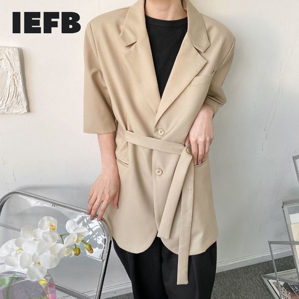 IEFB мужские пиджаки летние повязки пояса дизайн зарезанный воротник с коротким рукавом костюм пальто для мужчин средняя длина пальто Y6235 210524