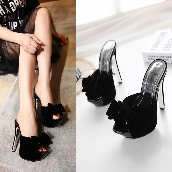 

slippers 2021 summer super high heel fish mouth sweet bow women's shoes, Black