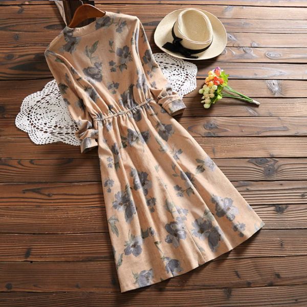 

casual dresses sets womens vintage vestidos lent herfst women long mouw corduroy jurk robe femme kneelgte flowers printed 18oy, Black;gray