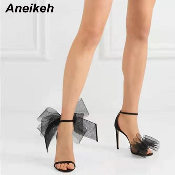 

aneikeh women high heels 2021 summer sandals silk club bow fashion ankle strap elegant wedding party lady shoes, Black