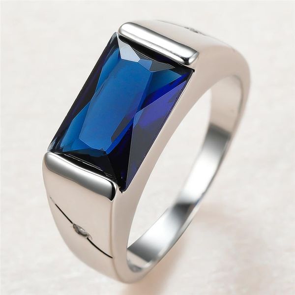 

charm blue crystal stone ring male female vintage silver color thin wedding rings for women luxury square zircon engagement, Slivery;golden