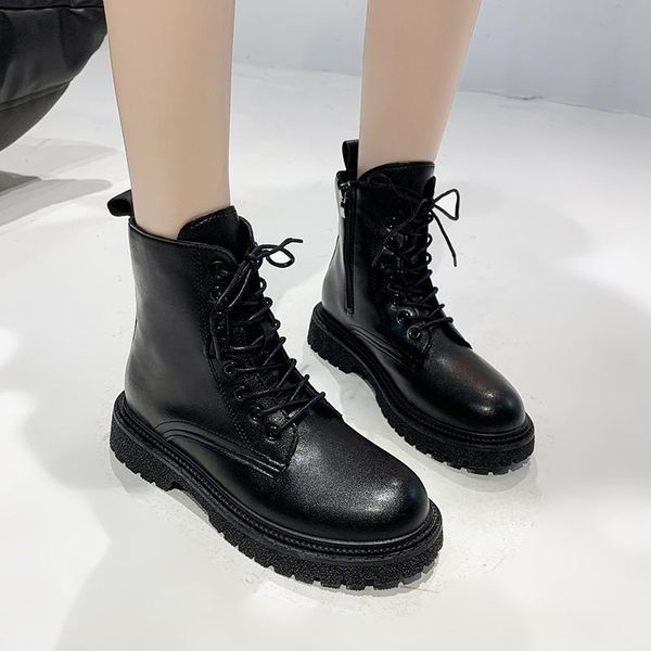 

boots 2021 woman lacing bare winter keep warm motorcycle fashion side zipper platform shoes round head flat, Black