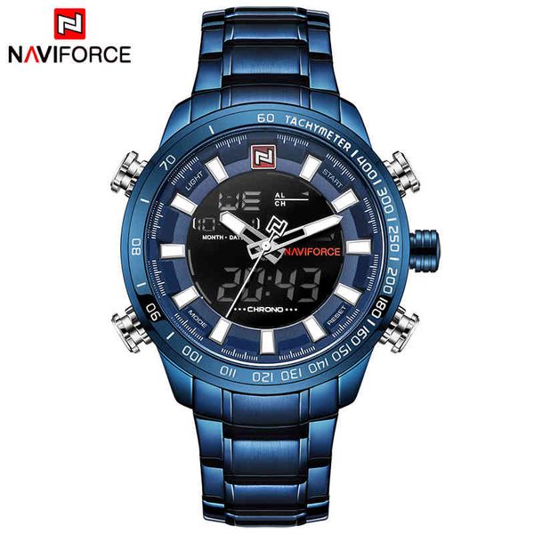 Homens relógios NaviForce 9093 Marca de luxo Homens de aço completo de aço à prova d 'água de quartzo azul relógio masculino esportes levou analógico relógio digital 210517