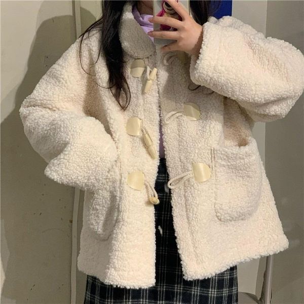 

women's jackets cmaz 2021 autumn winter thick coats for women lamb wool coat and korean style all-matching loose horn button, Black;brown