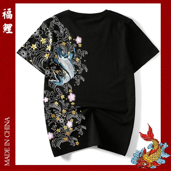 

women's t-shirt hip hop men's short-sleeved t-shirt summer chinese style carp embroidery pattern pure cotton round neck men', White