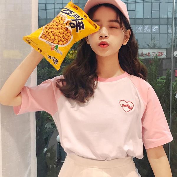 

women's t-shirt 2021 summer soft letter heart embroidered patchwork cute fresh college wind short sleeve female t-shirts, White