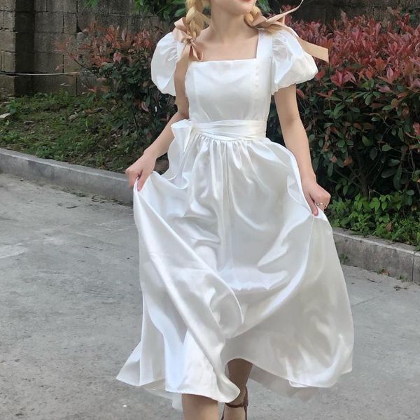 

casual dresses houzhou white dress woman summer elegant vintage princess french style puff sleeve fairy sundress party prom outfits, Black;gray