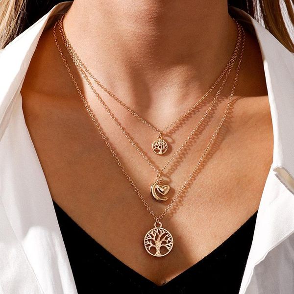 

chokers fashion multilayer necklace women hollow tree of life pendant collar bohemian trendy neck chain choker collier jewelry, Golden;silver