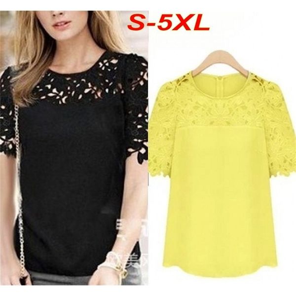 S-5XL Plus Größe Blusa Renda Spitze Corchet Chiffon Frauen Bluse Shirt Kurzarm Kausalen Tops blusas femininas T5588 210421