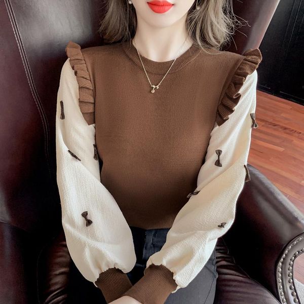 

women's sweaters black knitted chiffon stitch bow korean style fashion pullovers for ladies autumn winter 2021 clothing, White;black