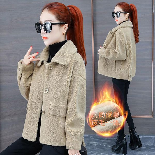 

women's wool & blends fur in one lamb autumn and winter 2021 fleece small thickened woolen coat, Black